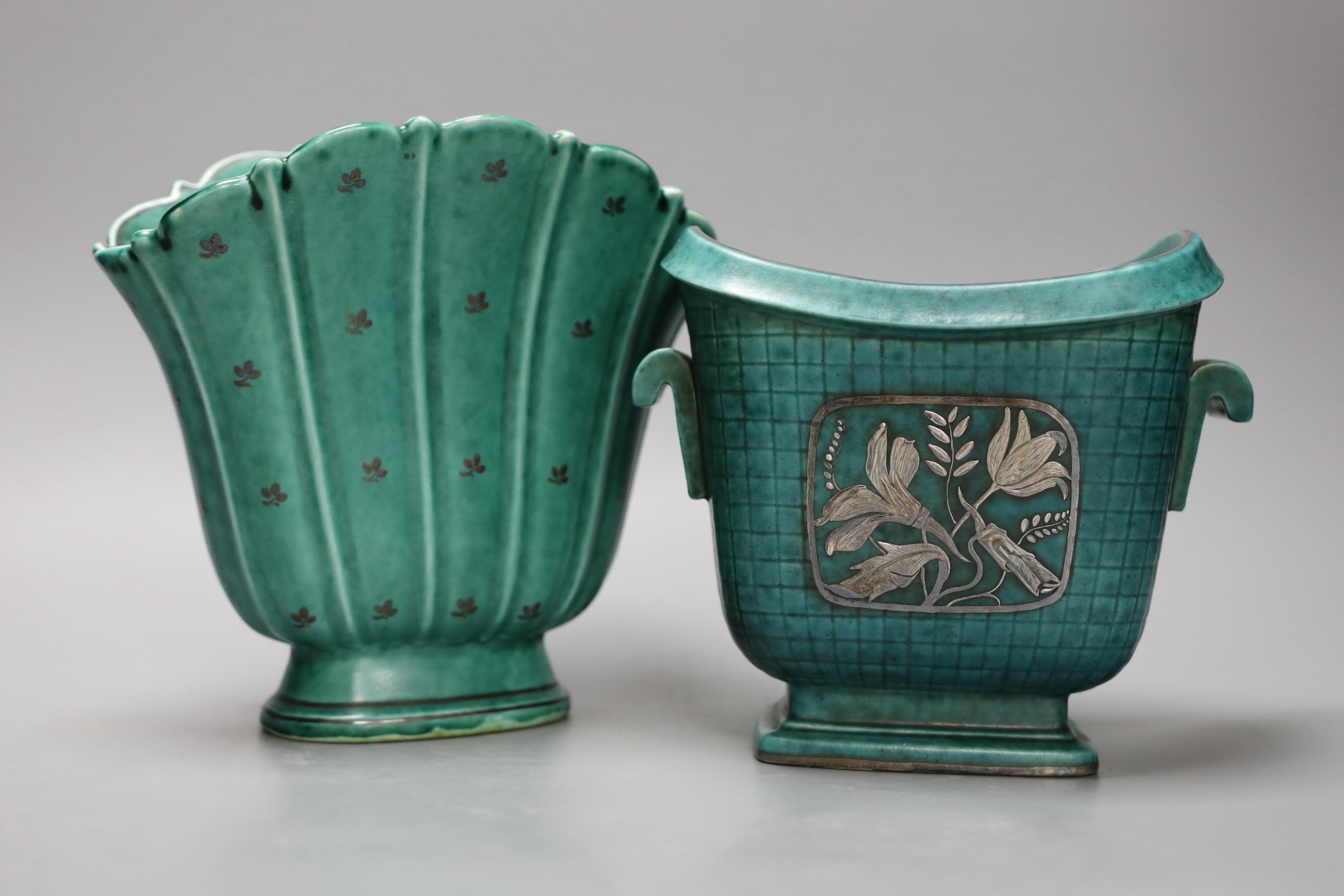 A Gustavsberg Wilhelm Kåge design Argenta 1211 shape vase decorated with flowers and a 940 shape vase, tallest 18cm